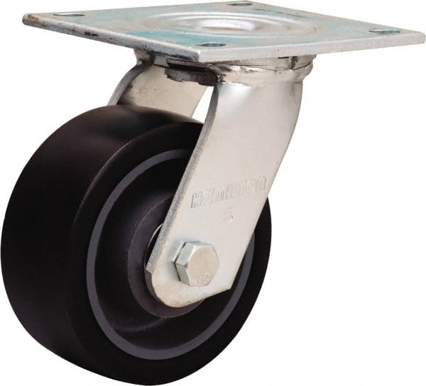 Hamilton - 5" Diam x 2" Wide x 6-1/2" OAH Top Plate Mount Swivel Caster - Polyurethane Mold onto Cast Iron Center, 900 Lb Capacity, Sealed Precision Ball Bearing, 5 x 5-1/2" Plate - Exact Tooling