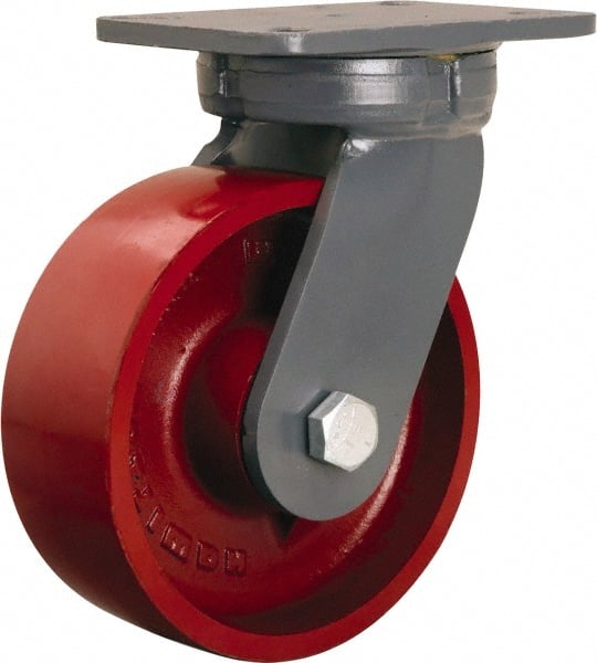 Hamilton - 8" Diam x 3" Wide x 10-1/2" OAH Top Plate Mount Swivel Caster - Cast Iron, 2,600 Lb Capacity, Tapered Roller Bearing, 5-1/4 x 7-1/4" Plate - Exact Tooling