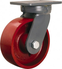 Hamilton - 8" Diam x 3" Wide x 10-1/2" OAH Top Plate Mount Swivel Caster - Cast Iron, 2,600 Lb Capacity, Tapered Roller Bearing, 5-1/4 x 7-1/4" Plate - Exact Tooling