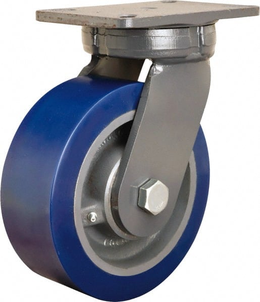 Hamilton - 8" Diam x 3" Wide x 10-1/2" OAH Top Plate Mount Swivel Caster - Polyurethane Mold on Forged Steel, 3,500 Lb Capacity, Tapered Roller Bearing, 5-1/4 x 7-1/4" Plate - Exact Tooling