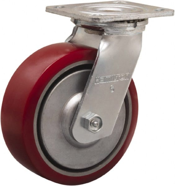 Hamilton - 6" Diam x 2" Wide x 7-1/2" OAH Top Plate Mount Swivel Caster - Polyurethane on Aluminum, 900 Lb Capacity, Straight Roller Bearing, 4 x 4-1/2" Plate - Exact Tooling