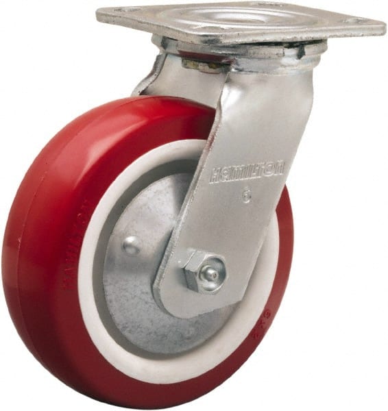 Hamilton - 6" Diam x 2" Wide x 7-1/2" OAH Top Plate Mount Swivel Caster - Polyurethane Mold on Polypropylene, 900 Lb Capacity, Straight Roller Bearing, 4 x 4-1/2" Plate - Exact Tooling