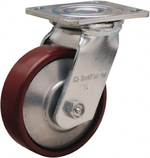 Hamilton - 5" Diam x 1-1/2" Wide x 6-1/2" OAH Top Plate Mount Swivel Caster - Cast Iron, 750 Lb Capacity, Straight Roller Bearing, 4 x 4-1/2" Plate - Exact Tooling