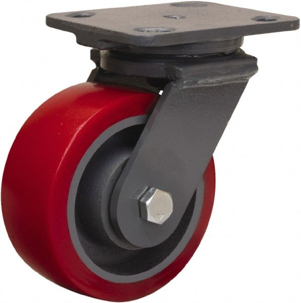 Hamilton - 5" Diam x 2" Wide x 6-1/2" OAH Top Plate Mount Swivel Caster - Polyurethane Mold on Forged Steel, 1,250 Lb Capacity, Sealed Precision Ball Bearing, 4 x 5" Plate - Exact Tooling