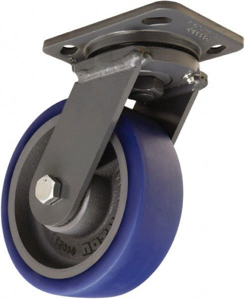 Hamilton - 6" Diam x 2" Wide x 7-1/2" OAH Top Plate Mount Swivel Caster - Polyurethane Mold onto Cast Iron Center, 960 Lb Capacity, Tapered Roller Bearing, 4 x 5" Plate - Exact Tooling