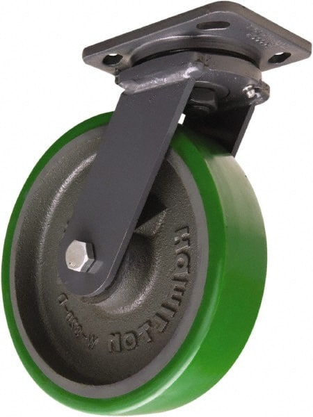 Hamilton - 8" Diam x 2" Wide x 9-1/2" OAH Top Plate Mount Swivel Caster - Polyurethane Mold onto Cast Iron Center, 1,500 Lb Capacity, Tapered Roller Bearing, 4 x 5" Plate - Exact Tooling