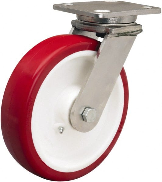 Hamilton - 8" Diam x 2" Wide x 9-1/2" OAH Top Plate Mount Swivel Caster - Polyurethane Mold on Polypropylene, 1,000 Lb Capacity, Delrin Bearing, 4 x 5" Plate - Exact Tooling