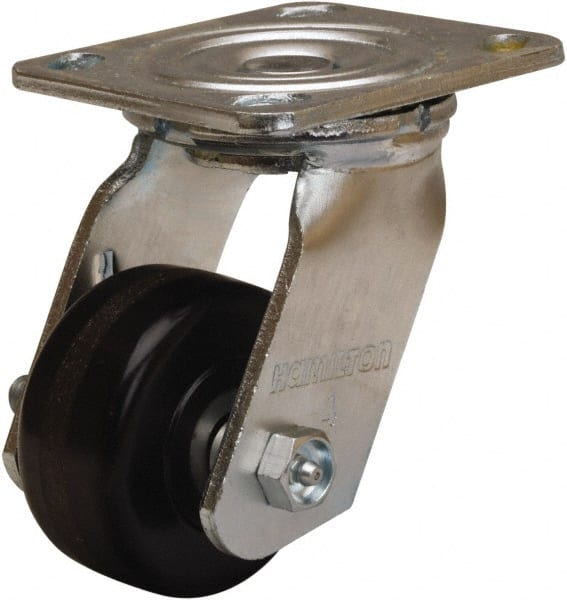 Hamilton - 3-1/4" Diam x 1-1/2" Wide x 5-1/4" OAH Top Plate Mount Swivel Caster - Phenolic, 550 Lb Capacity, Straight Roller Bearing, 4 x 4-1/2" Plate - Exact Tooling