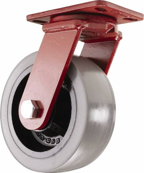 Hamilton - 8" Diam x 3" Wide x 10-1/4" OAH Top Plate Mount Swivel Caster - Polyurethane, 3,200 Lb Capacity, Sealed Precision Ball Bearing, 4-1/2 x 6-1/2" Plate - Exact Tooling