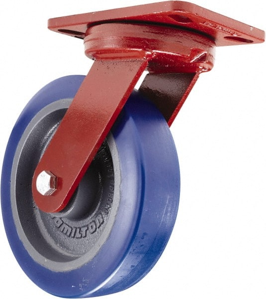 Hamilton - 8" Diam x 2" Wide x 9-3/4" OAH Top Plate Mount Swivel Caster - Polyurethane, 1,650 Lb Capacity, Sealed Precision Ball Bearing, 4-1/2 x 6-1/2" Plate - Exact Tooling