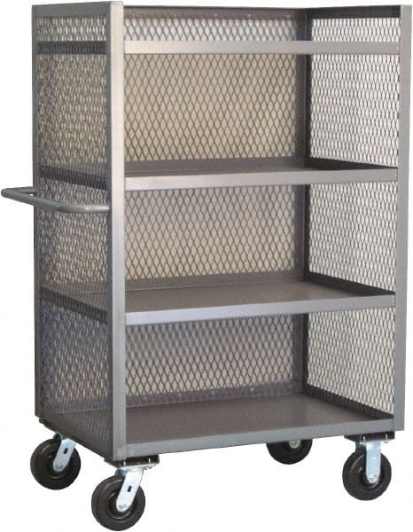 Jamco - 3,000 Lb Capacity, 4 Shelf, 3-Sided Steel Mesh Stock Truck - 24" Long x 60" Wide x 57" High, 6" Diam Phenolic Wheels - Exact Tooling