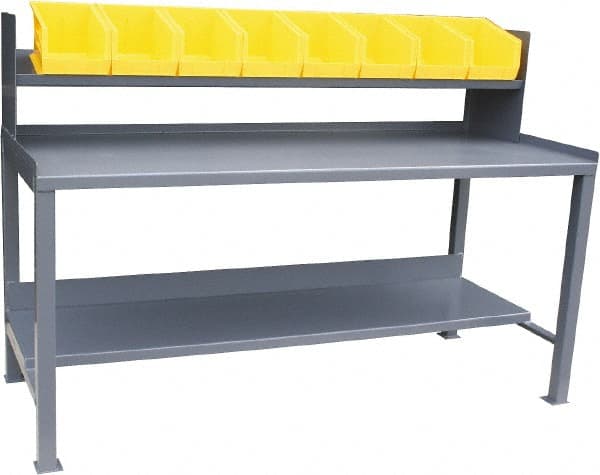 Jamco - 72 Wide x 30" Deep x 48" High, 12 Gauge Steel Heavy-Duty Workbench with Sloped Riser & Bins - 12 Gauge Steel Top, Fixed Legs, Gray - Exact Tooling