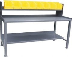 Jamco - 72 Wide x 30" Deep x 48" High, 12 Gauge Steel Heavy-Duty Workbench with Sloped Riser & Bins - 12 Gauge Steel Top, Fixed Legs, Gray - Exact Tooling