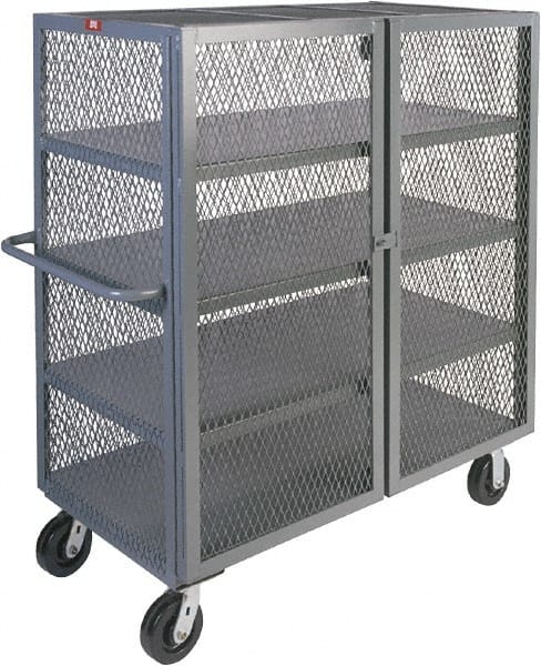 Jamco - 3,000 Lb Capacity, 4 Shelf, 4-Sided Steel Mesh Security Truck - 24" Long x 48" Wide x 57" High, 6" Diam Phenolic Wheels - Exact Tooling