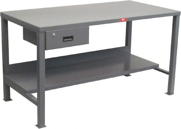 Jamco - 60 Wide x 30" Deep x 34" High, 12 Gauge Steel Heavy-Duty Workbench with Drawer - 12 Gauge Steel Top, Fixed Legs, Gray - Exact Tooling