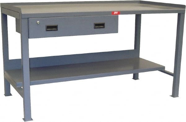 Jamco - 60 Wide x 30" Deep x 34" High, 12 Gauge Steel Heavy-Duty Workbench with Drawer - 12 Gauge Steel Top, Fixed Legs, Gray - Exact Tooling