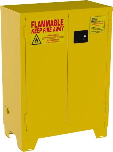 Jamco - 2 Door, 2 Shelf, Yellow Steel Double Wall Safety Cabinet for Flammable and Combustible Liquids - 49" High x 18" Wide x 34" Deep, Manual Closing Door, 3 Point Key Lock, 28 Gal Capacity - Exact Tooling