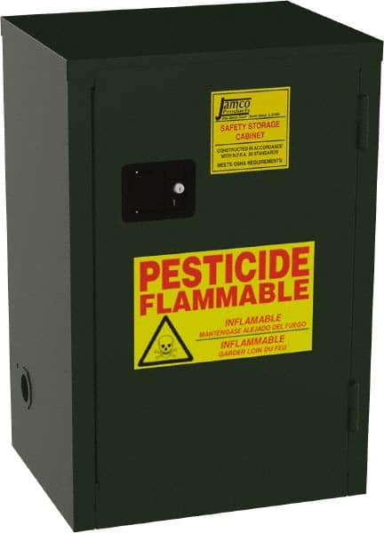 Jamco - 1 Door, 1 Shelf, Green Steel Double Wall Safety Cabinet for Flammable and Combustible Liquids - 35" High x 18" Wide x 23" Deep, Self Closing Door, 3 Point Key Lock, 12 Gal Capacity - Exact Tooling