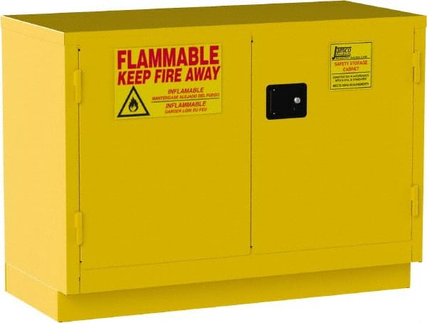Jamco - 2 Door, 1 Shelf, Yellow Steel Double Wall Safety Cabinet for Flammable and Combustible Liquids - 35" High x 22" Wide x 48" Deep, Manual Closing Door, 3 Point Key Lock, 30 Gal Capacity - Exact Tooling