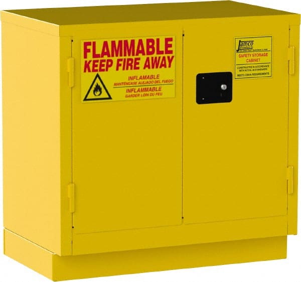 Jamco - 2 Door, 1 Shelf, Yellow Steel Double Wall Safety Cabinet for Flammable and Combustible Liquids - 35" High x 22" Wide x 36" Deep, Manual Closing Door, 3 Point Key Lock, 22 Gal Capacity - Exact Tooling
