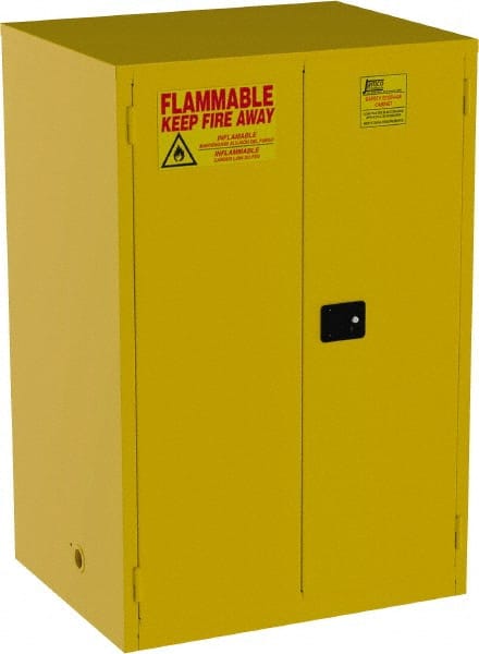 Jamco - 2 Door, 2 Shelf, Yellow Steel Double Wall Safety Cabinet for Flammable and Combustible Liquids - 65" High x 34" Wide x 43" Deep, Self Closing Door, 3 Point Key Lock, 90 Gal Capacity - Exact Tooling