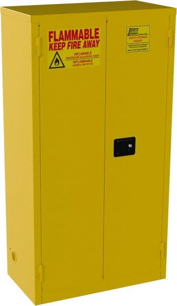 Jamco - 2 Door, 3 Shelf, Yellow Steel Double Wall Safety Cabinet for Flammable and Combustible Liquids - 65" High x 18" Wide x 34" Deep, Manual Closing Door, 3 Point Key Lock, 44 Gal Capacity - Exact Tooling