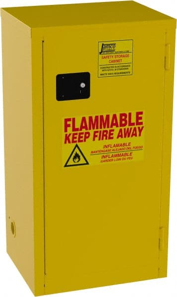Jamco - 1 Door, 2 Shelf, Yellow Steel Double Wall Safety Cabinet for Flammable and Combustible Liquids - 44" High x 18" Wide x 23" Deep, Manual Closing Door, 3 Point Key Lock, 18 Gal Capacity - Exact Tooling