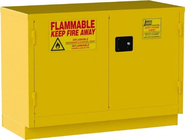 Jamco - 2 Door, 1 Shelf, Yellow Steel Double Wall Safety Cabinet for Flammable and Combustible Liquids - 35" High x 22" Wide x 48" Deep, Self Closing Door, 3 Point Key Lock, 30 Gal Capacity - Exact Tooling