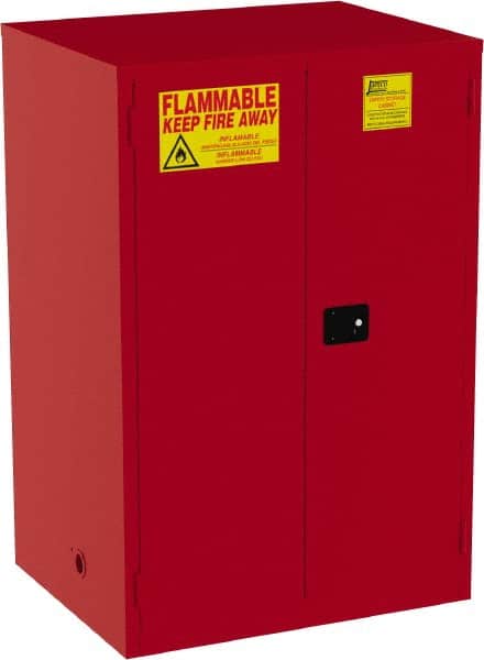 Jamco - 2 Door, 5 Shelf, Red Steel Double Wall Safety Cabinet for Flammable and Combustible Liquids - 65" High x 34" Wide x 43" Deep, Manual Closing Door, 3 Point Key Lock, 120 Gal Capacity - Exact Tooling