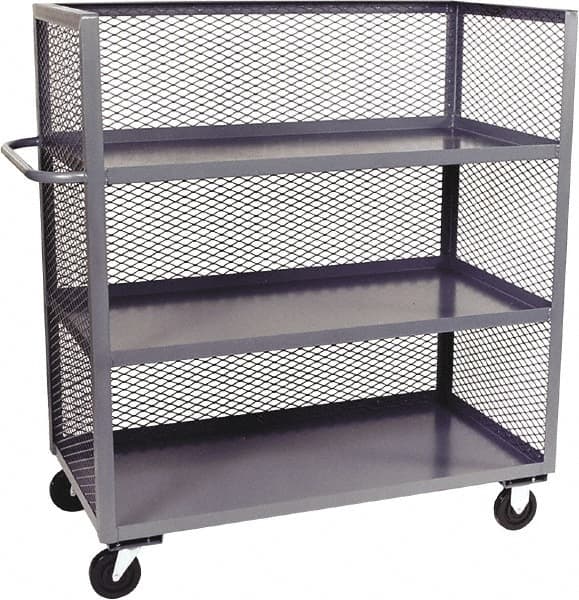 Jamco - 3,000 Lb Capacity, 3 Shelf, 3-Sided Steel Mesh Stock Truck - 24" Long x 48" Wide x 57" High, 6" Diam Phenolic Wheels - Exact Tooling