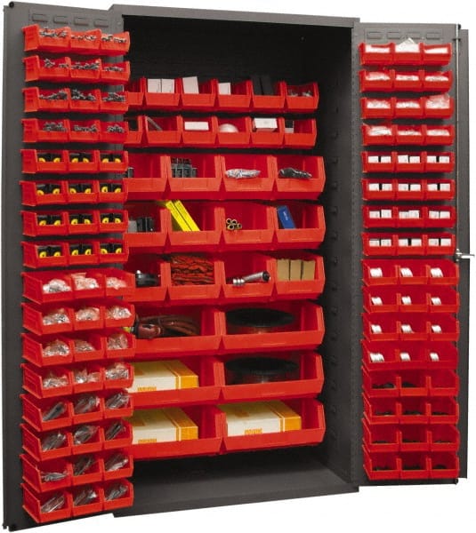 Durham - 126 Bin Storage Cabinet - Steel, 36" Wide x 24" Deep x 72" High, Red - Exact Tooling