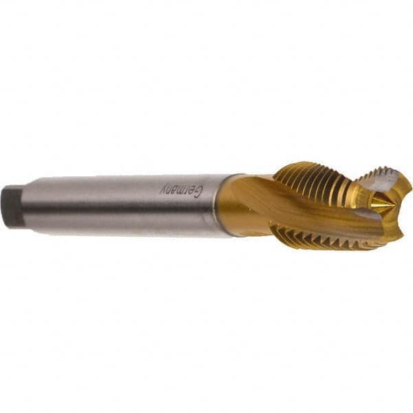 Emuge - 1/2-14" BSPP, 4 Flutes, Modified Bottoming Chamfer, TiN Coated, Cobalt British Standard Pipe Tap - 0.6299" Shank Diam, 0.4724" Square Size, Series Rekord DF - Exact Tooling