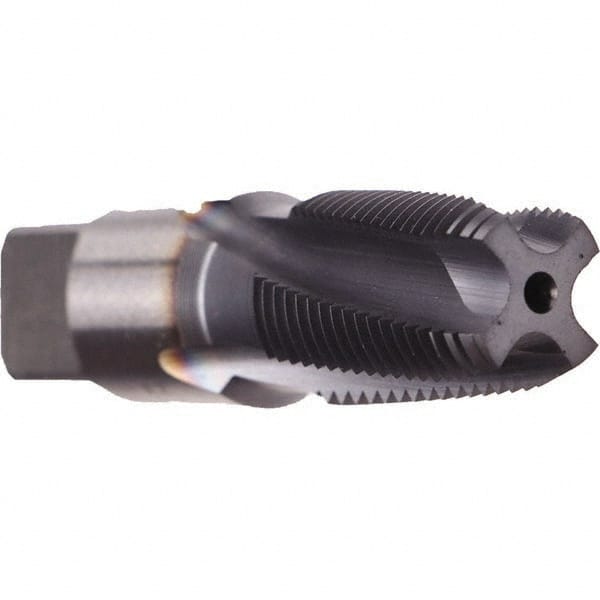 Emuge - 1/8-27 NPT, 10° Helix, 3 Flutes, Modified Bottoming Chamfer, TiCN Finish, Cobalt, Spiral Flute Pipe Tap - Right Hand Flute, 7/16" Shank Diam, 3/4" Thread Length, 0.328" Square Size, Series KEG - Exact Tooling