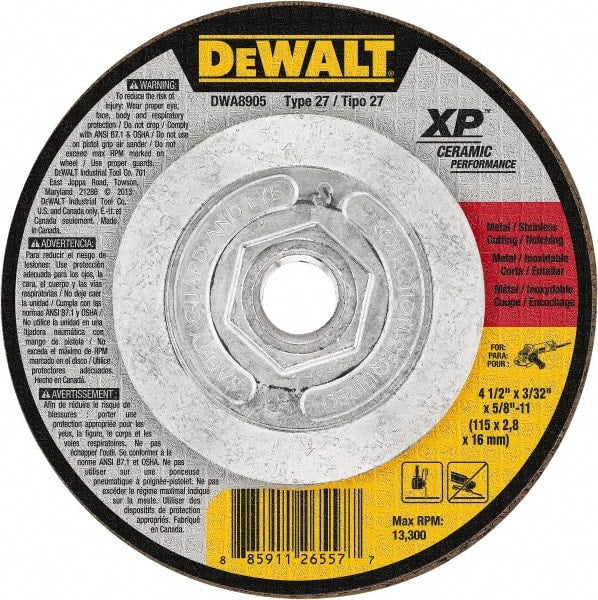 DeWALT - 24 Grit, 4-1/2" Wheel Diam, Type 27 Depressed Center Wheel - Coarse/Medium Grade, Ceramic, N Hardness, 13,300 Max RPM - Exact Tooling
