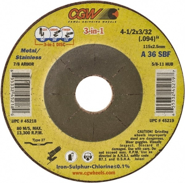 Camel Grinding Wheels - 36 Grit, 7" Wheel Diam, 3/32" Wheel Thickness, 7/8" Arbor Hole, Type 27 Depressed Center Wheel - Medium Grade, Aluminum Oxide, Resinoid Bond, 8,600 Max RPM - Exact Tooling