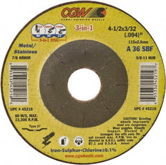 Camel Grinding Wheels - 36 Grit, 7" Wheel Diam, 3/32" Wheel Thickness, 7/8" Arbor Hole, Type 27 Depressed Center Wheel - Medium Grade, Aluminum Oxide, Resinoid Bond, 8,600 Max RPM - Exact Tooling