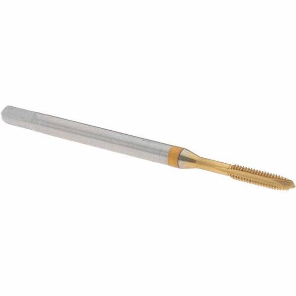 Guhring - M2x0.40 Metric Fine, TiN Finish, Powdered Metal Spiral Point Tap - Plug Chamfer, Right Hand Thread, 45mm OAL, 8mm Thread Length, 2.8mm Shank Diam, 6H Class of Fit, Series 5736 - Exact Tooling