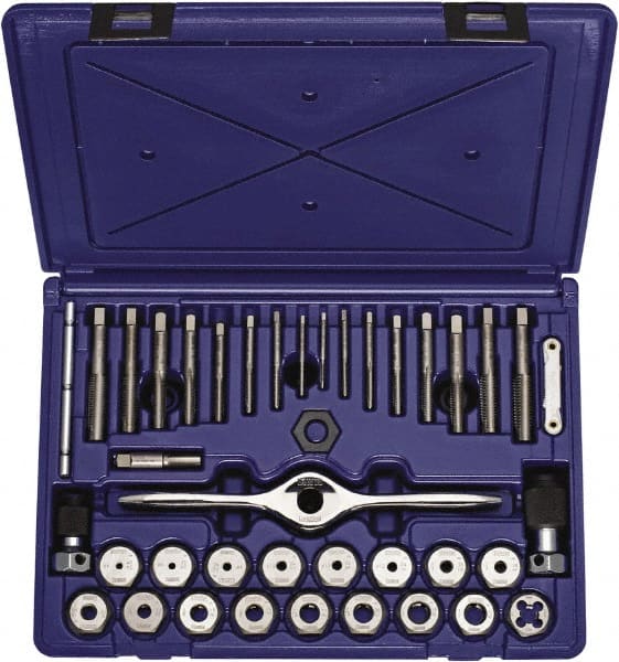 Irwin Hanson - #4-40 to 1/2-20 Tap, #4-40 to 1/2-20 Die, Tap and Die Set - Bright Finish Carbon Steel, Carbon Steel Taps, Nonadjustable, 40 Piece Set - Exact Tooling