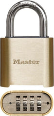 Master Lock - 2" Body Width x 3" Body Height, 1" Shackle Clearance, Brass Finish Combination Lock - 5/16" Shackle Diam, 1" Shackle Width, Set Your Own 4 Digit Combination - Exact Tooling