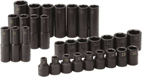 SK - 30 Piece 1/2" Drive Standard Deep Impact Socket Set - 6 Points, 8 to 24mm, Metric Measurement Standard - Exact Tooling