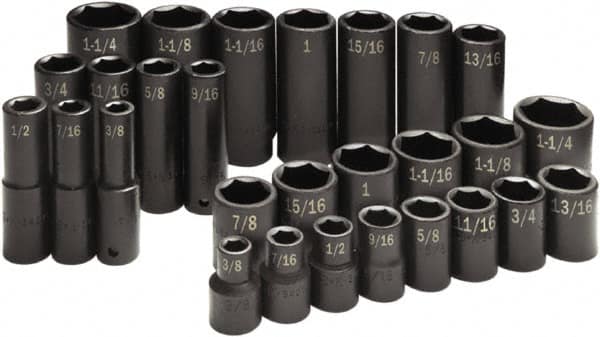 SK - 28 Piece 1/2" Drive Standard Deep Impact Socket Set - 6 Points, 3/8 to 1-1/4", Inch Measurement Standard - Exact Tooling