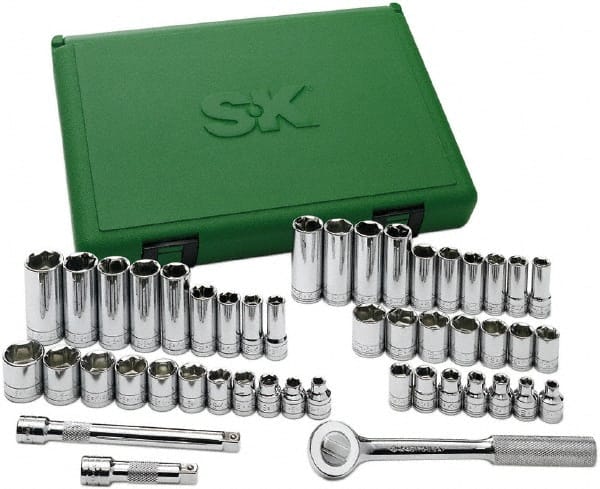 SK - 49 Piece 3/8" Drive Standard Deep Socket Set - 6 Points, 1/4 to 7/8", 6 to 19mm, Inch/Metric Measurement Standard - Exact Tooling