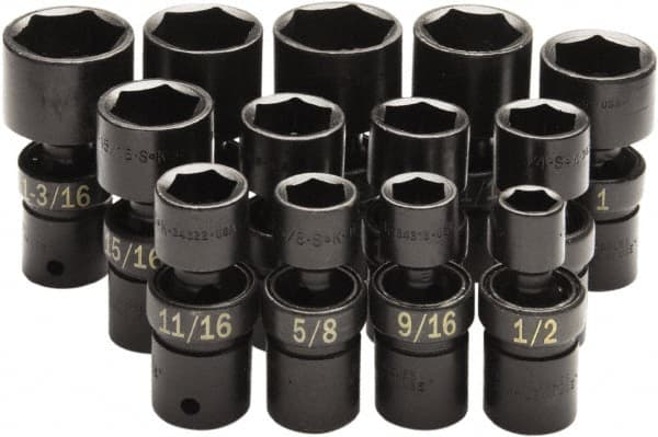SK - 13 Piece 1/2" Drive Standard Impact Socket Set - 6 Points, 1/2 to 1-1/4", Inch Measurement Standard - Exact Tooling
