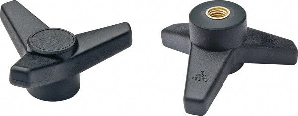 Elesa - 4" Head Diam, 3/8-16 Hole, 1-5/8" High, Glass Fibre Reinforced Technopolymer 3 Arm Knob - 1-7/16" Hub Diam, 1.42 Head Height, Female Insert Style, 3/4 Hole Depth, Black - Exact Tooling
