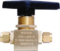 Brennan - 1/4" Pipe, Tube End Connections, Brass, Inline, Two Way Flow, Instrumentation Ball Valve - 3,000 psi WOG Rating, Nylon Handle, PTFE Seal, PFA Seat, Swaglok B-42S4 - Exact Tooling
