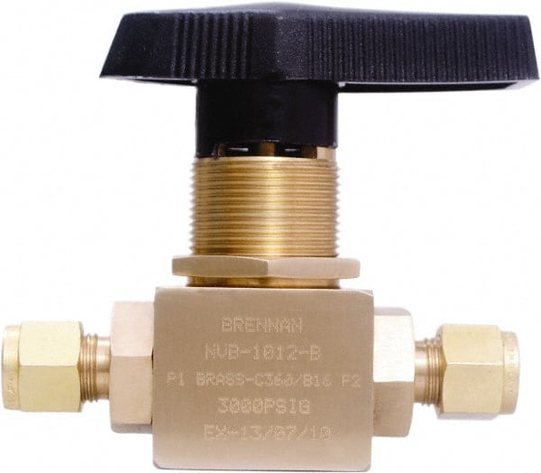 Brennan - 3/8" Pipe, Tube End Connections, Brass, Inline, Two Way Flow, Instrumentation Ball Valve - 3,000 psi WOG Rating, Nylon Handle, PTFE Seal, PFA Seat, Swaglok B-44S6 - Exact Tooling