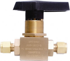 Brennan - 3/8" Pipe, Tube End Connections, Brass, Inline, Two Way Flow, Instrumentation Ball Valve - 3,000 psi WOG Rating, Nylon Handle, PTFE Seal, PFA Seat, Swaglok B-44S6 - Exact Tooling