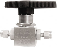 Brennan - 1/8" Pipe, Tube End Connections, Stainless Steel, Inline, Two Way Flow, Instrumentation Ball Valve - 3,000 psi WOG Rating, Nylon Handle, PTFE Seal, PFA Seat, Swaglok SS-41GS2 - Exact Tooling