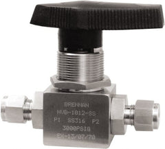 Brennan - 3/8" Pipe, Tube End Connections, Stainless Steel, Inline, Two Way Flow, Instrumentation Ball Valve - 3,000 psi WOG Rating, Nylon Handle, PTFE Seal, PFA Seat, Swaglok SS-44S6 - Exact Tooling