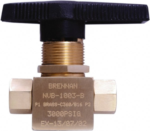 Brennan - 1/8" Pipe, NPT End Connections, Brass, Inline, Two Way Flow, Instrumentation Ball Valve - 3,000 psi WOG Rating, Nylon Handle, PTFE Seal, PFA Seat, Swaglok B-42F2 - Exact Tooling